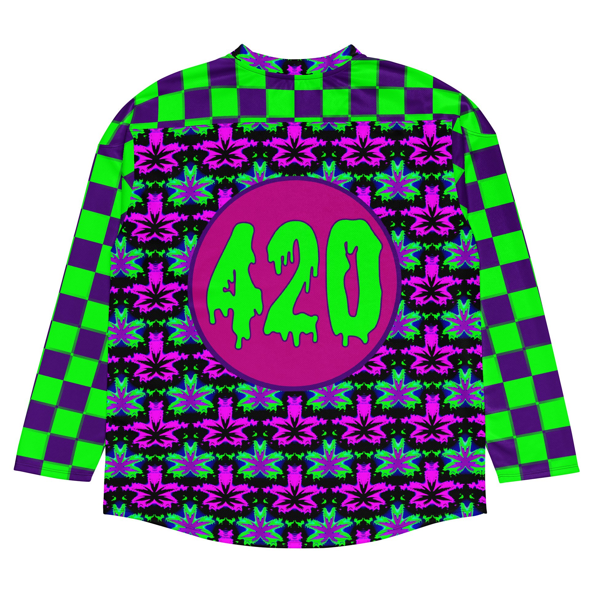 Cannabis Rave 420 Hockey Jersey, Clowncore Checkers Stoner Shirt, Pot Leaf EDM Festival Fashion, Neon Twisted Techno Dance Party Weed Top product image (3)