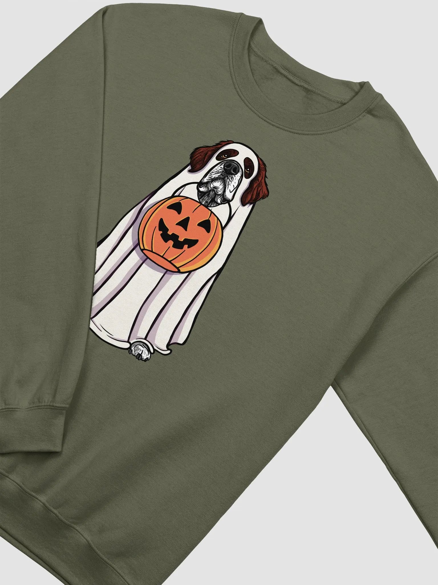 Funny Halloween Saint Bernard(Mahogany) Sweatshirt | Funny Dog Wearing a Ghost Costume and Holding a Pumpkin Basket product image (4)
