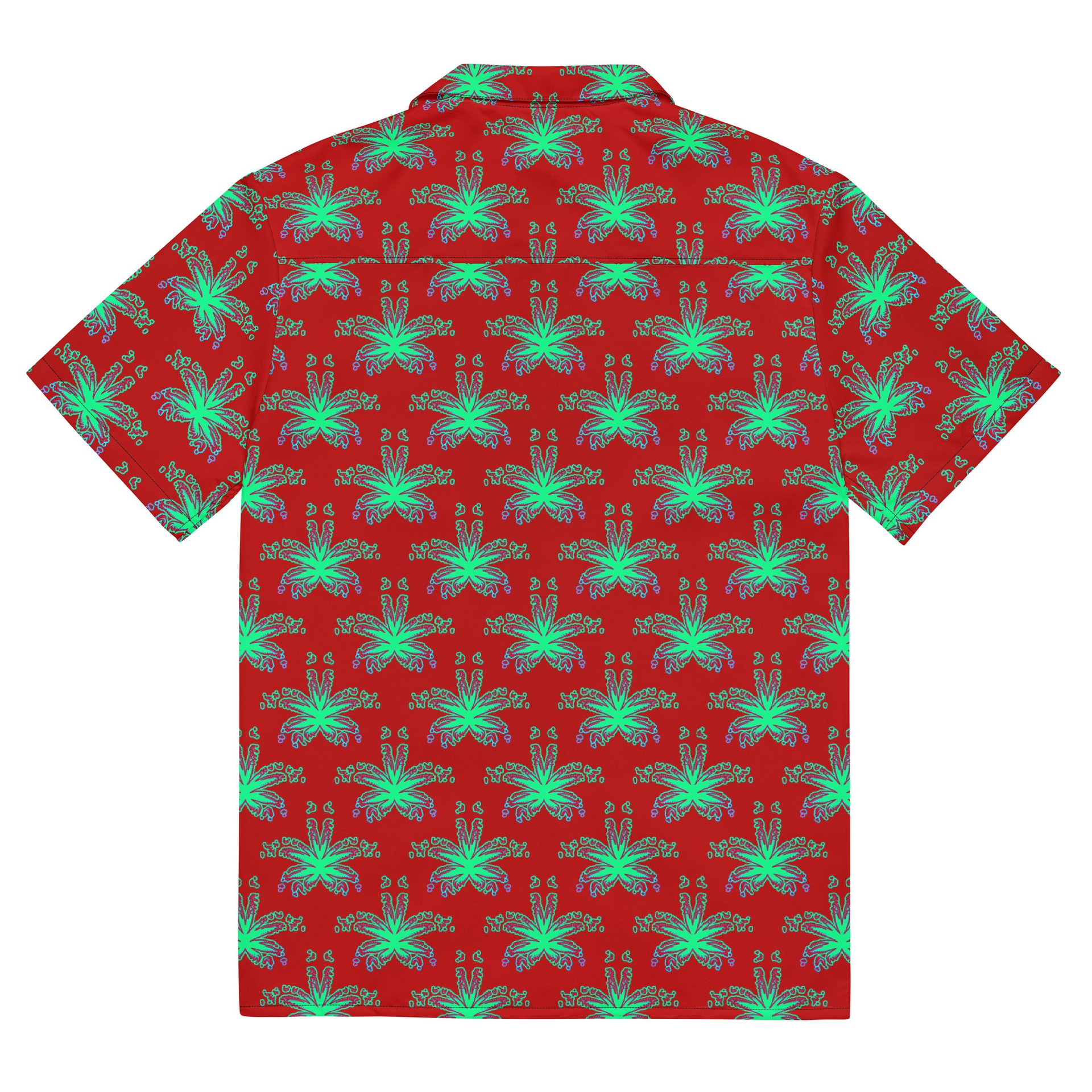 Red Weed Leaf Cannabis Beach Button Shirt, 420 Summertime Stoner Festival Clothing, Green Ganja Pot Leaves Pattern Weedy Weirdo Fashion product image (7)