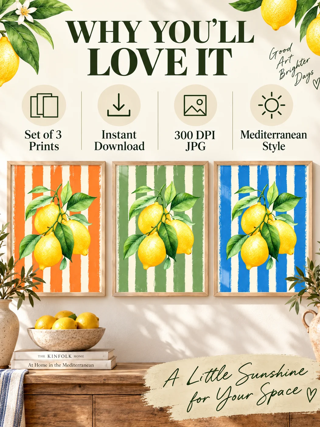 Lemon Wall Art Set | Citrus Kitchen Decor | Mediterranean Printable Posters | Orange Blue Sage Botanical Trio Download product image (3)