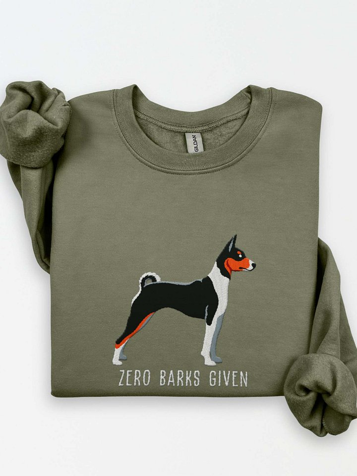 Zero Barks Given Sweatshirt (Embroidered) of a Basenji(Tricolor) product image (1)