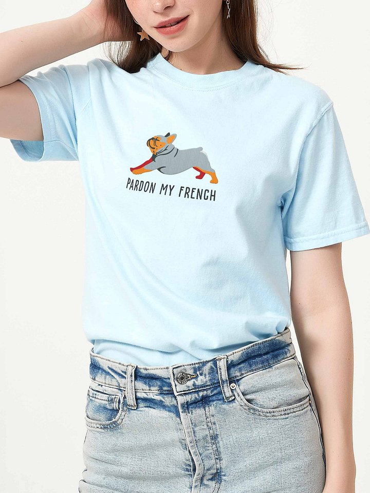 Pardon My French T-Shirt(Embroidered) of a French Bulldog(Blue & Tan) product image (2)