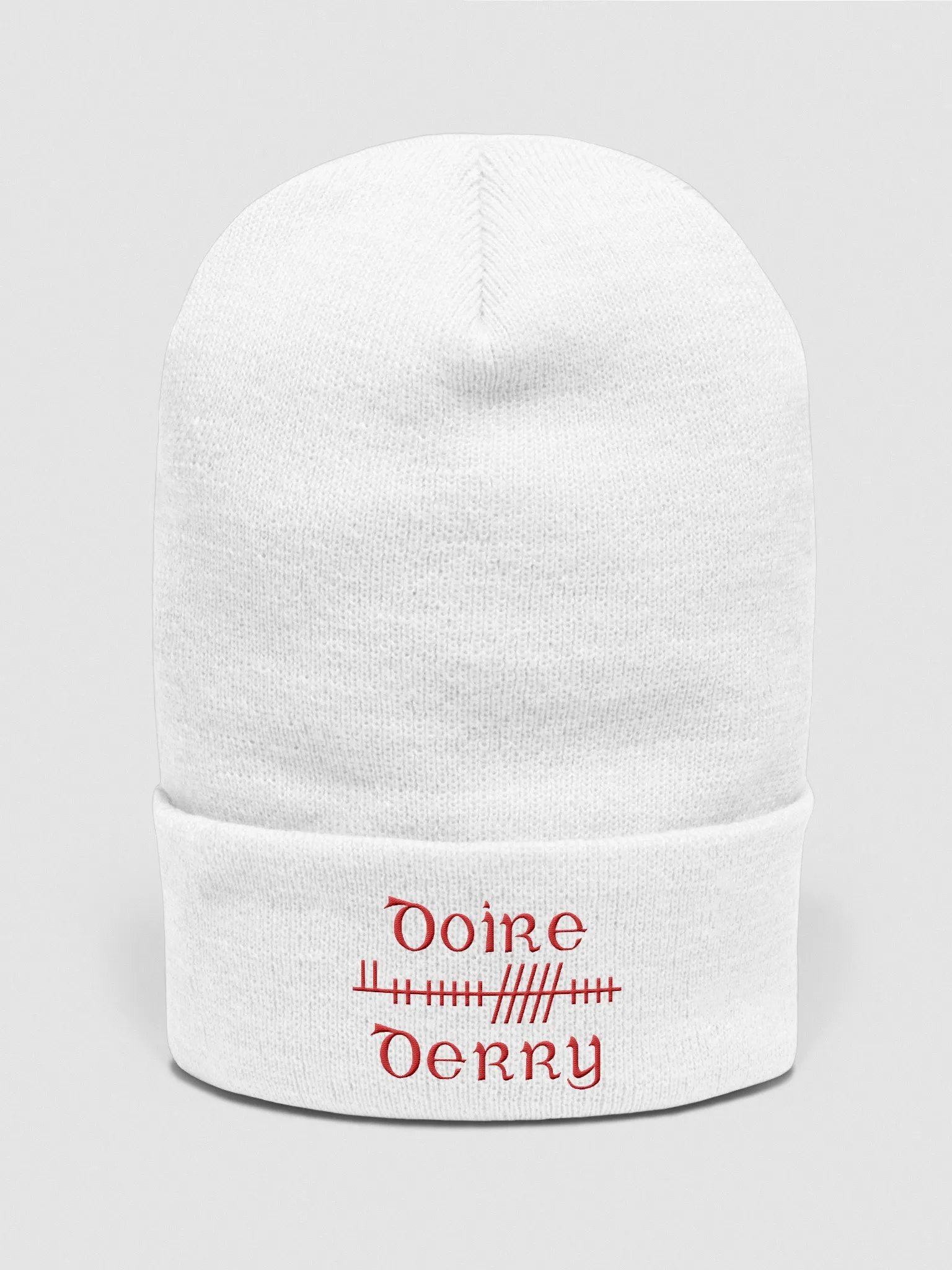 Derry/Doire, Orthodox style Ogham, white with red, embroidered Cuffed Beanie product image (1)