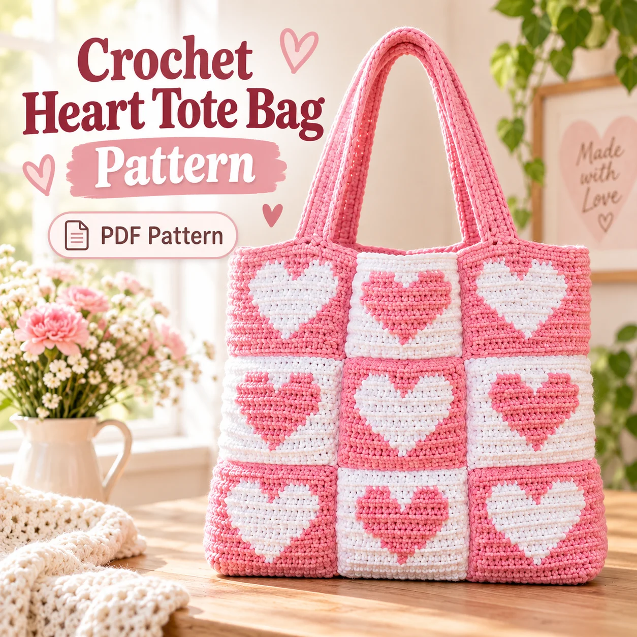Crochet Heart Tote Bag Pattern PDF | Step by Step Colorwork Guide product image (1)