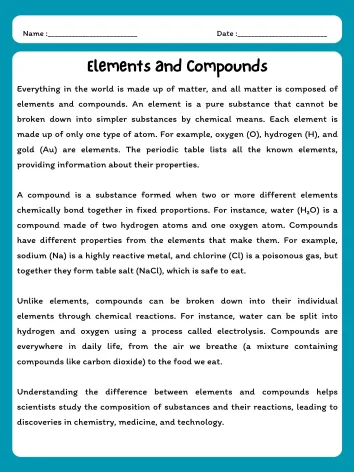 Elements and Compounds Reading Comprehension Passage & Questions product image (1)
