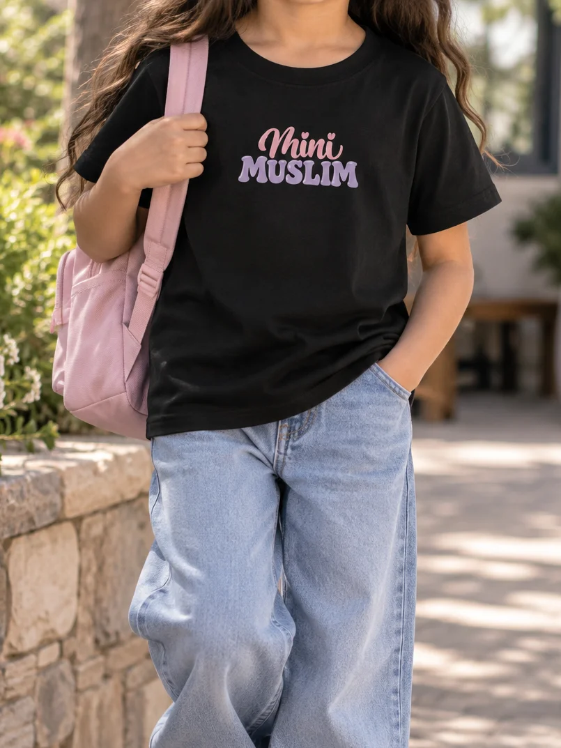 Mini Muslim Printed Unisex Kids T-Shirt | Retro Bubble Letter Islamic Tee for Girls product image (1)