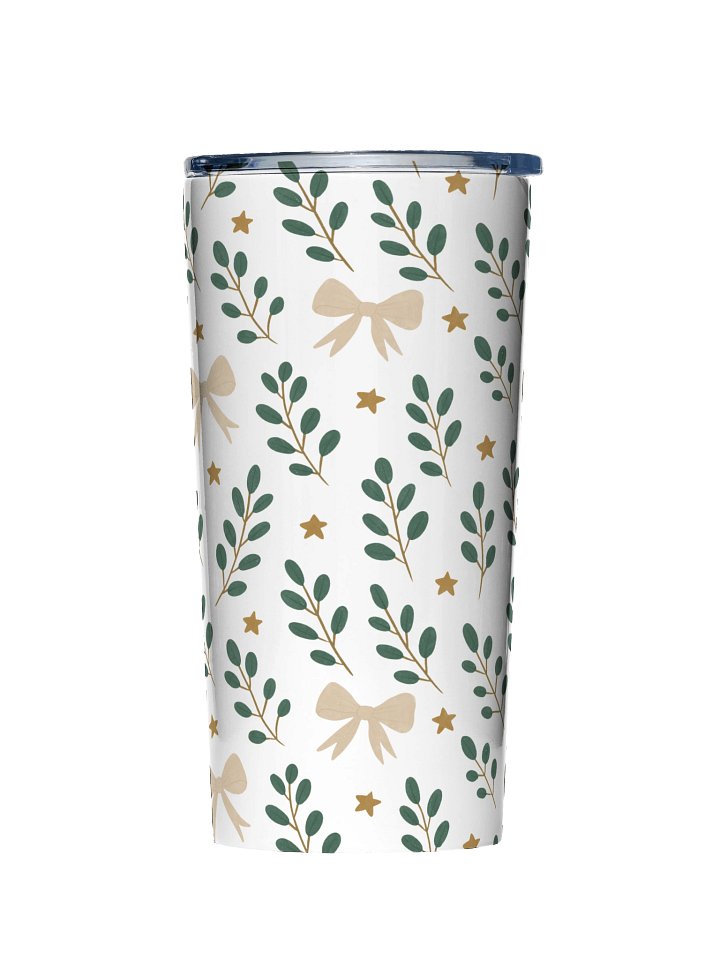 Stainless steel tumbler ribbons & stars botanical Christmas. Elegant holiday insulated drinkware product image (1)