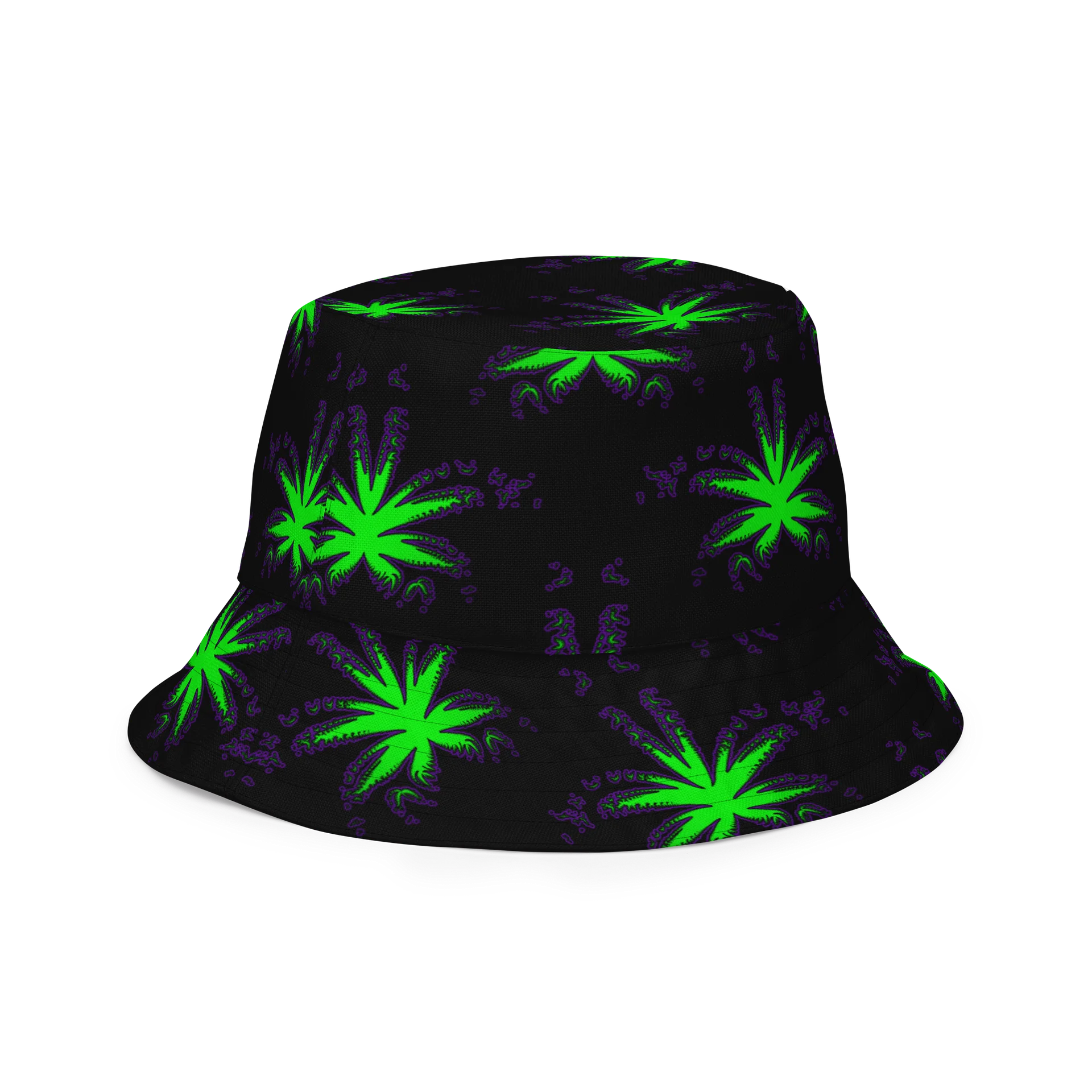 Cannabis Reversible Bucket Hat, 420 Rave Stoner Accessory, Pot Leaf Pattern Festival Fashion, Black Neon Green Purple Weird Weed Art product image (8)
