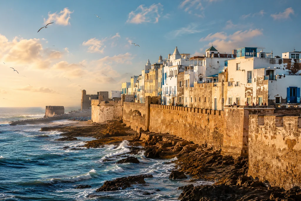 Historic waterfront of Essaouira, Morocco at golden hour with white coastal buildings, stone walls, ocean waves, and seagulls.