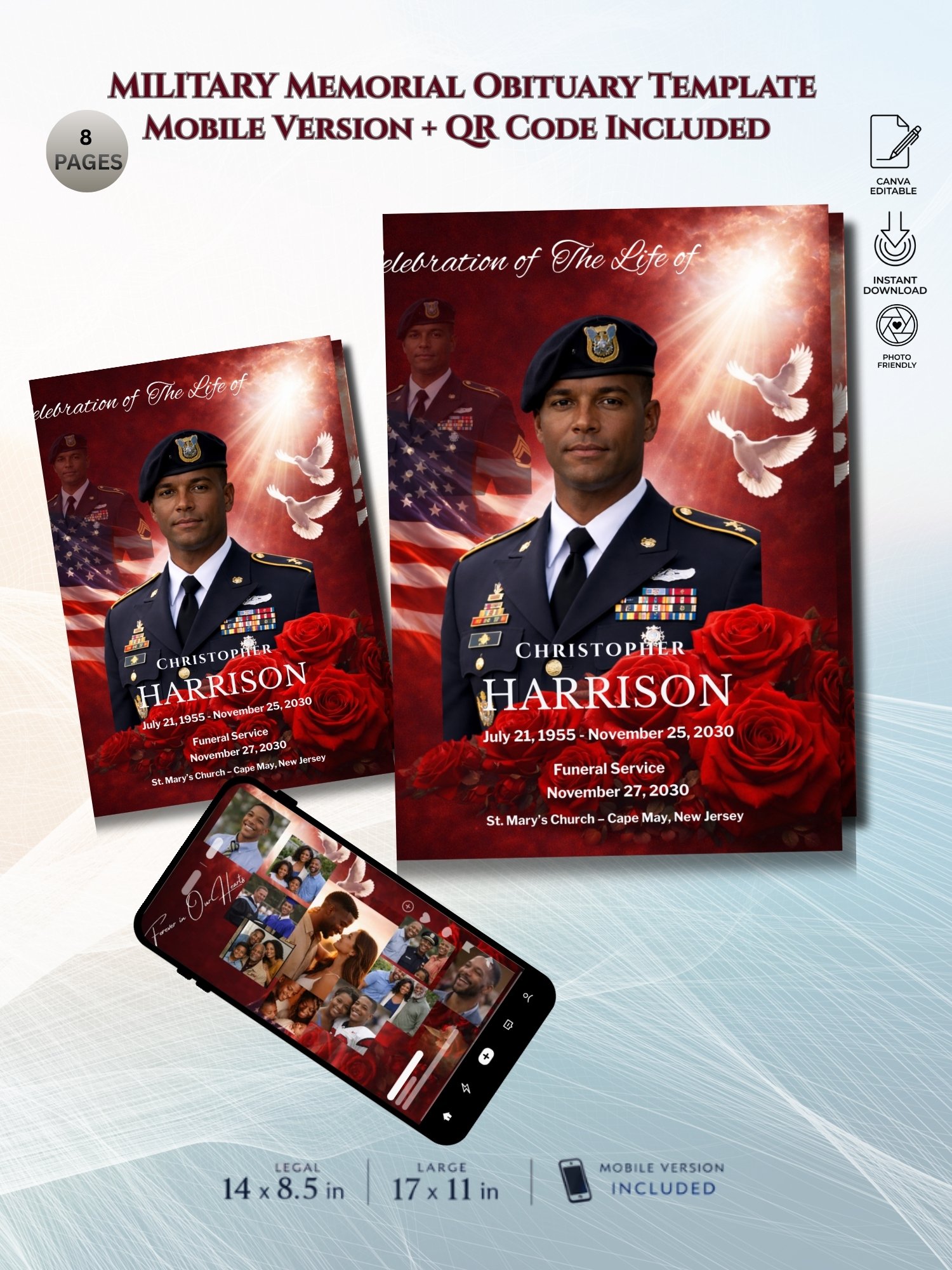 QR Code Military Funeral Program Template with 8-Slide Mobile Tribute & 17x11 Tabloid Canva Layout product image (1)