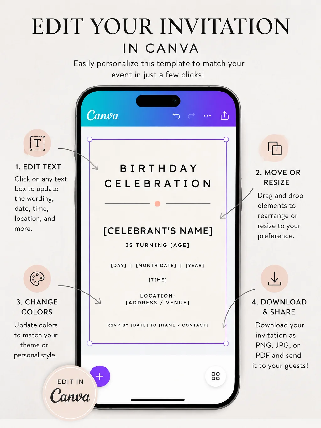 Minimalist Birthday Invitation Template, Editable Modern Party Invite, Printable Simple Invitation, Canva Instant Download Digital product image (4)