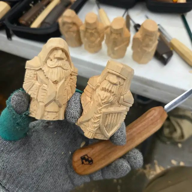 Sitting with a group of folks last night and carving 1.5x1.5x3 inch tall dwarves for a chess set.  Two more finished.  Each piece on the set i'm carving will be different from every other piece.  I've got ideas!! So many ideas. #woodcarver #woodcarving #fantasyartist #chesslover #chess