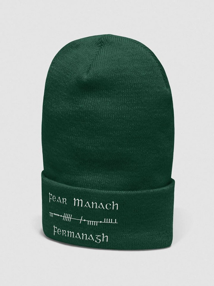 Fermanagh/Fear Manach, Green with white, Scholastic style Ogham embroidered Cuffed Beanie product image (2)