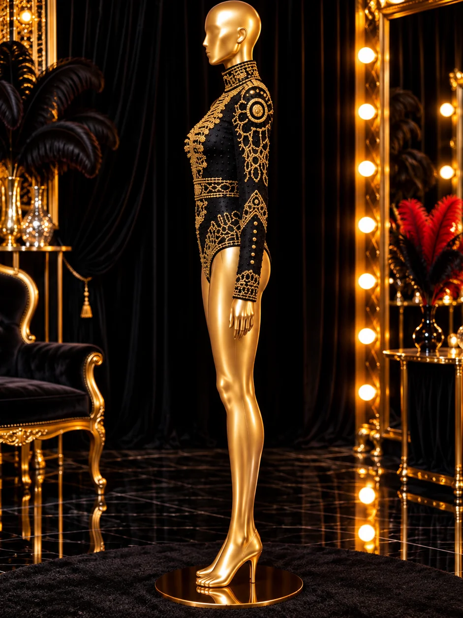 Black & Gold Crystal Showgirl Bodysuit – Long Sleeve High Neck Stage Costume product image (3)