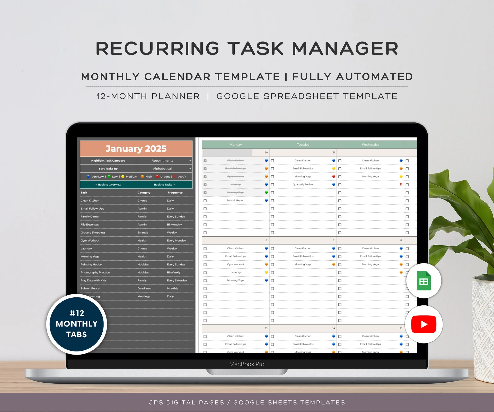 Recurring Task Manager, Google Sheets Template, Dynamic Monthly Calendar product image (1)
