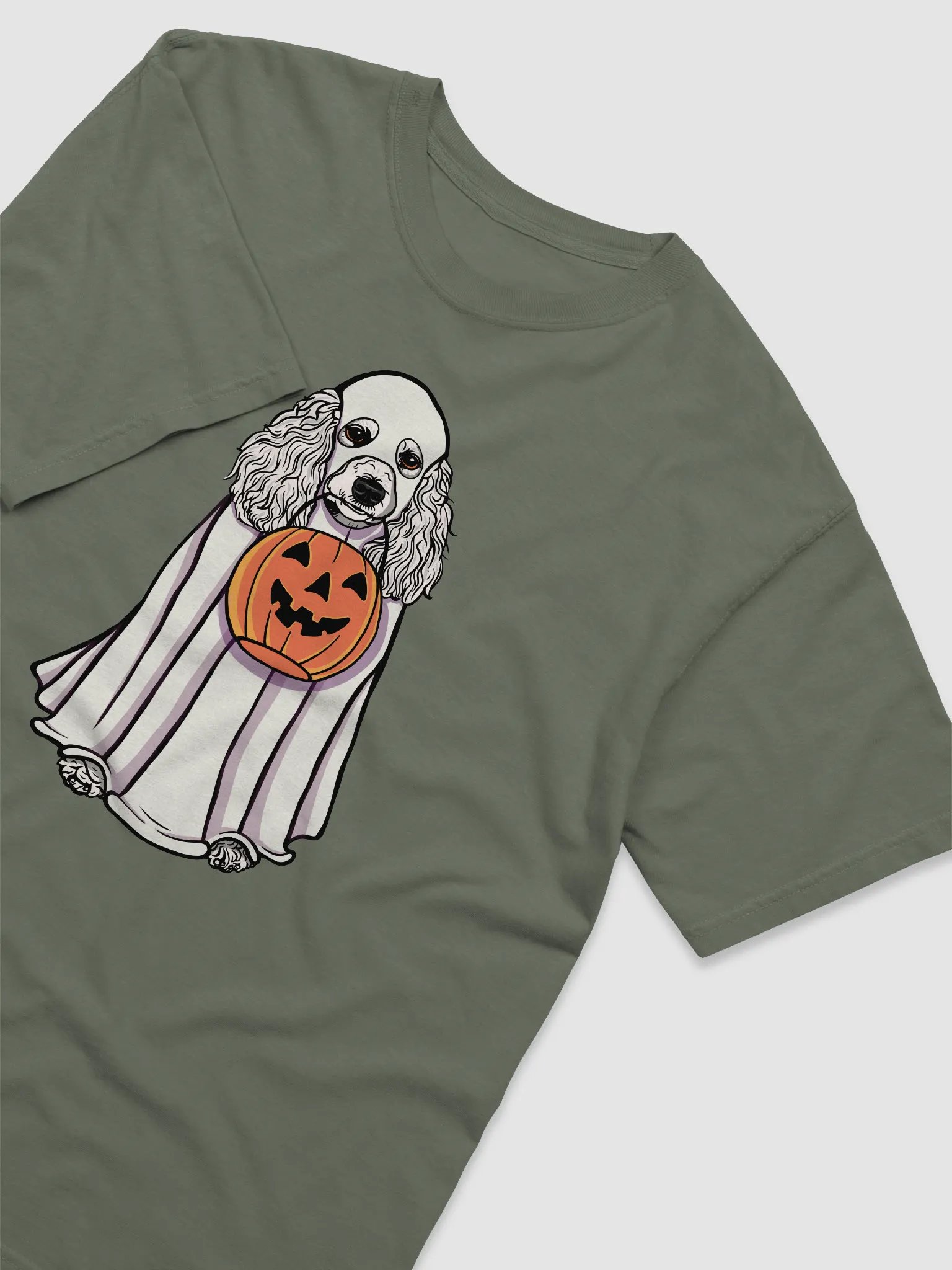 Funny Halloween Poodle(White) T-Shirt | Funny Papillon Wearing a Ghost Costume and Holding a Pumpkin Basket product image (6)