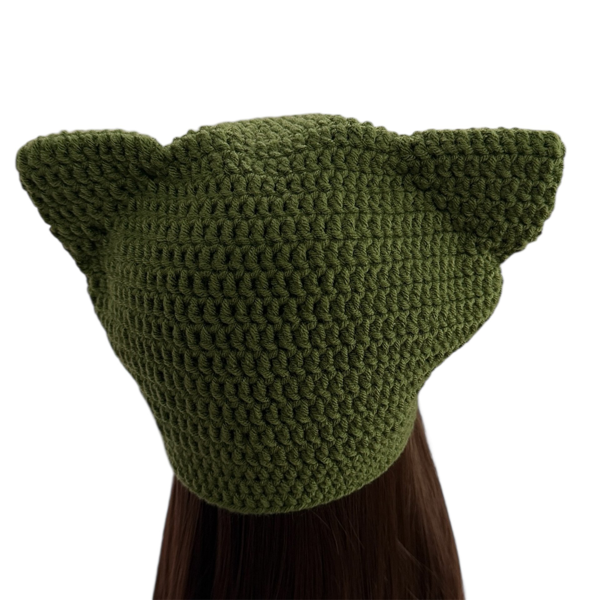 Winter Crochet Custom Cat Ear Beanie Dark Olive Green with Red bow - for kids 6-12 yo. product image (3)