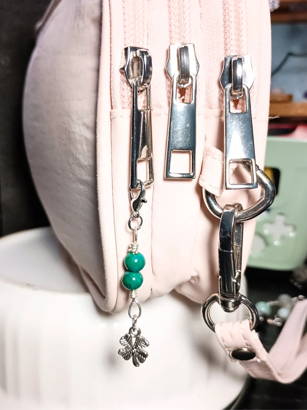 Lucky Clover Notebook Charm | Chrysocolla, Silver-Tone | Stitch Marker | Zipper Pull product image (4)