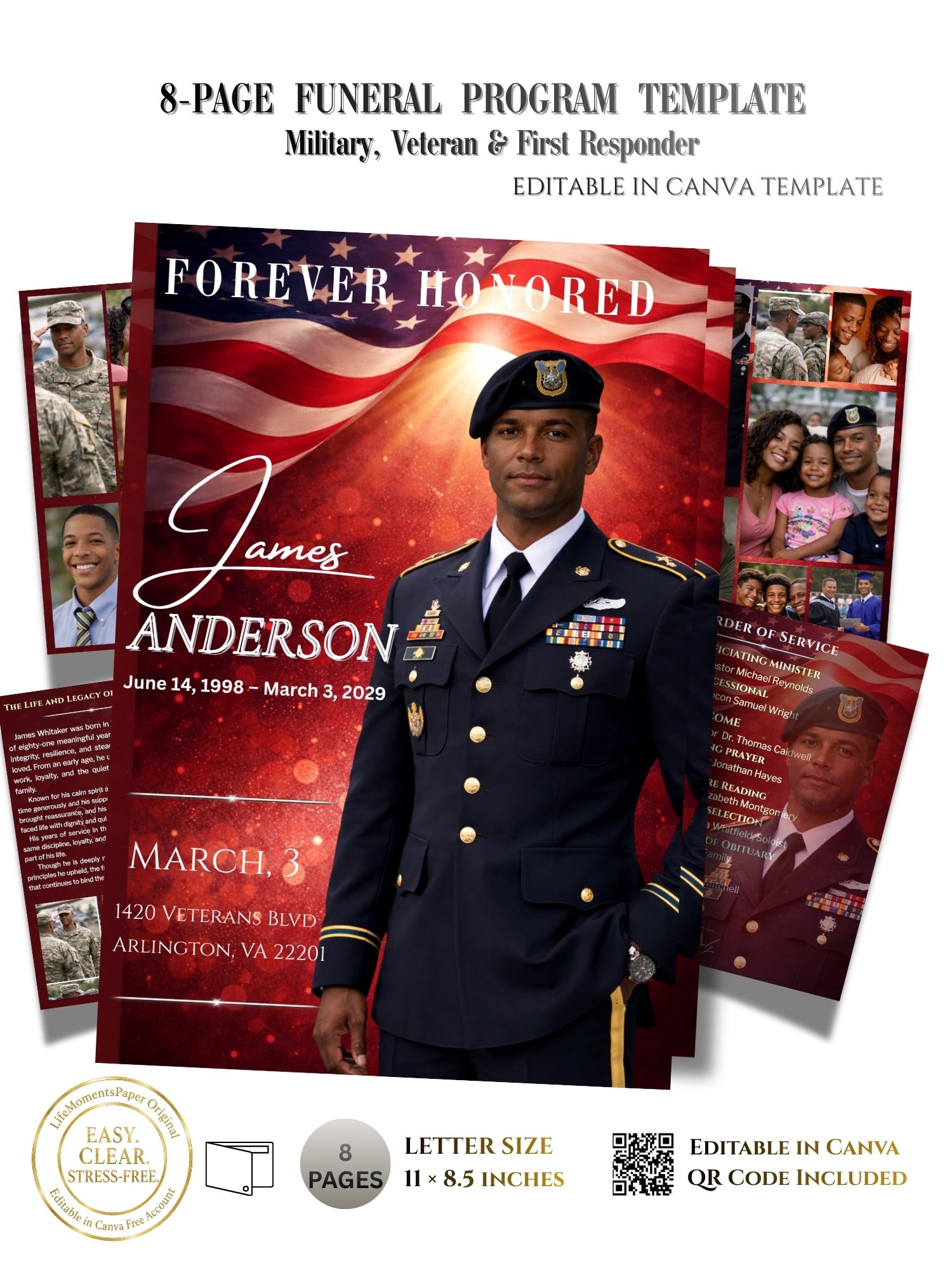 Military Veteran & First Responder Funeral Obituary Template, 8-Page Red Patriotic Canva Layout with QR Code product image (1)