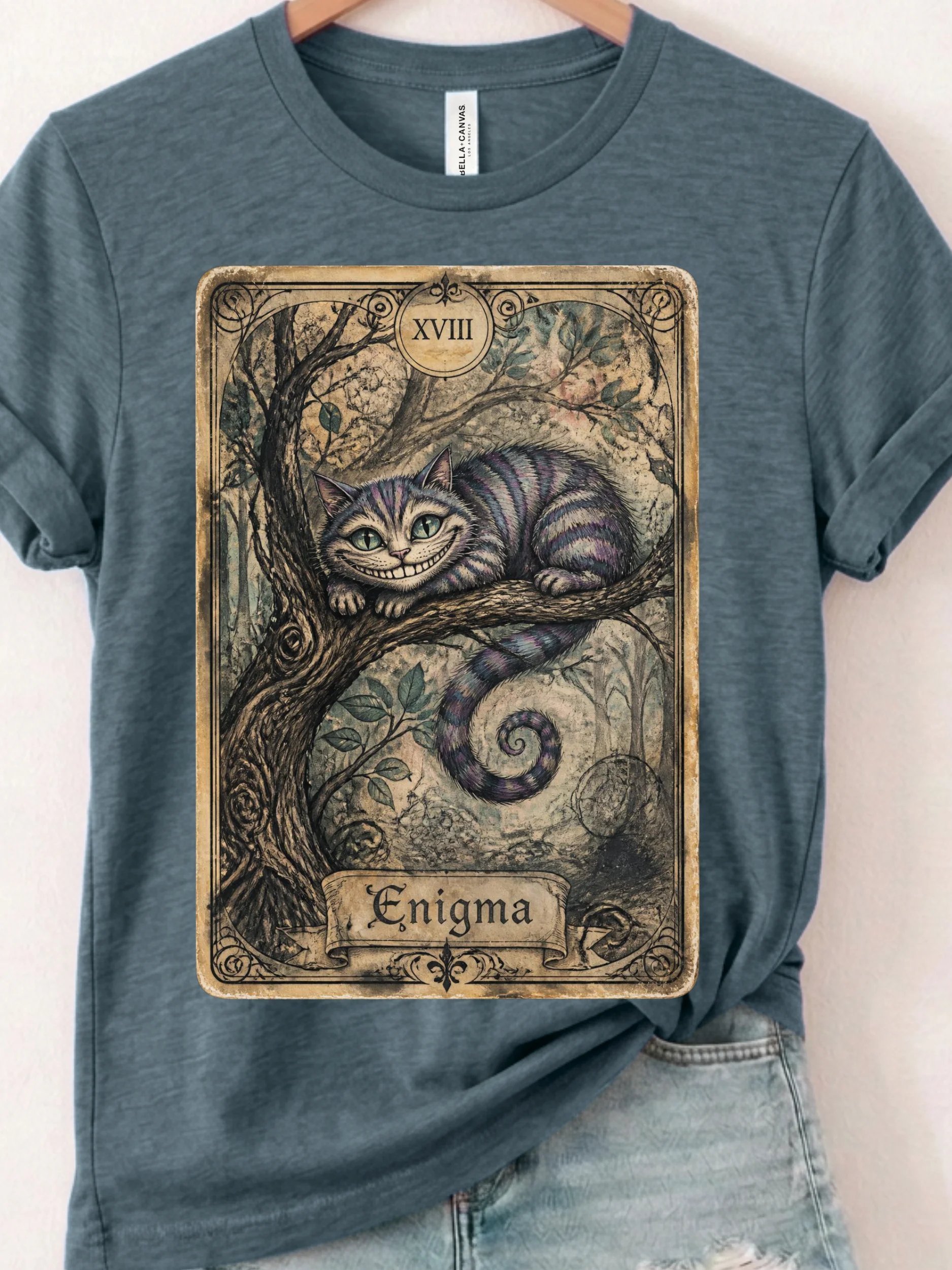 Cheshire Cat Enigma Tarot Shirt, Wonderland Tee, Moon Card Interpretation Graphic product image (1)