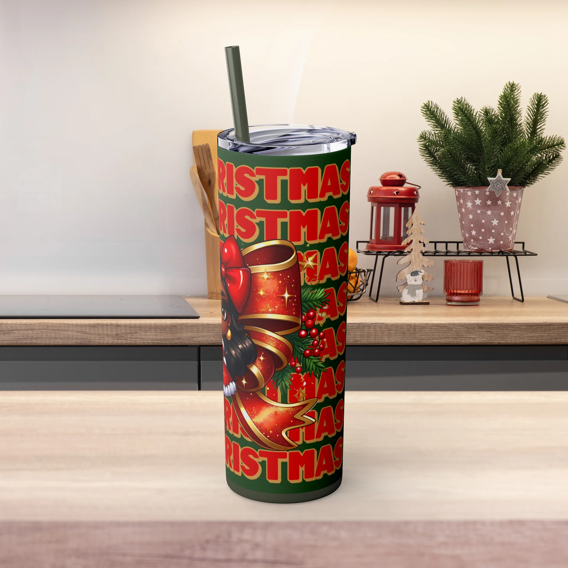 Merry Christmas Brown Holiday Doll Tumbler Wrap Design, Festive 20oz Sublimation PNG, Holiday Digital Download, Red Bow Christmas Tumbler product image (4)