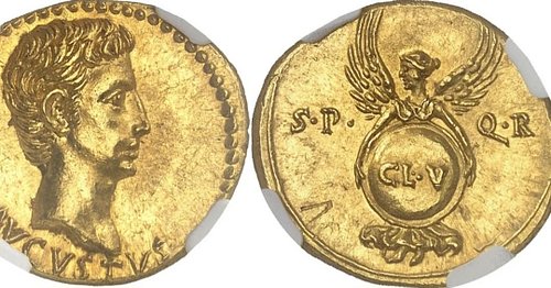 Hammered at 190 000 Euro at MDC MONACO Auction 18, lot 205.

ROMAN EMPIRE Augustus (27 BC - 14 AD). Aureus ND (c.25-22 BC), C...