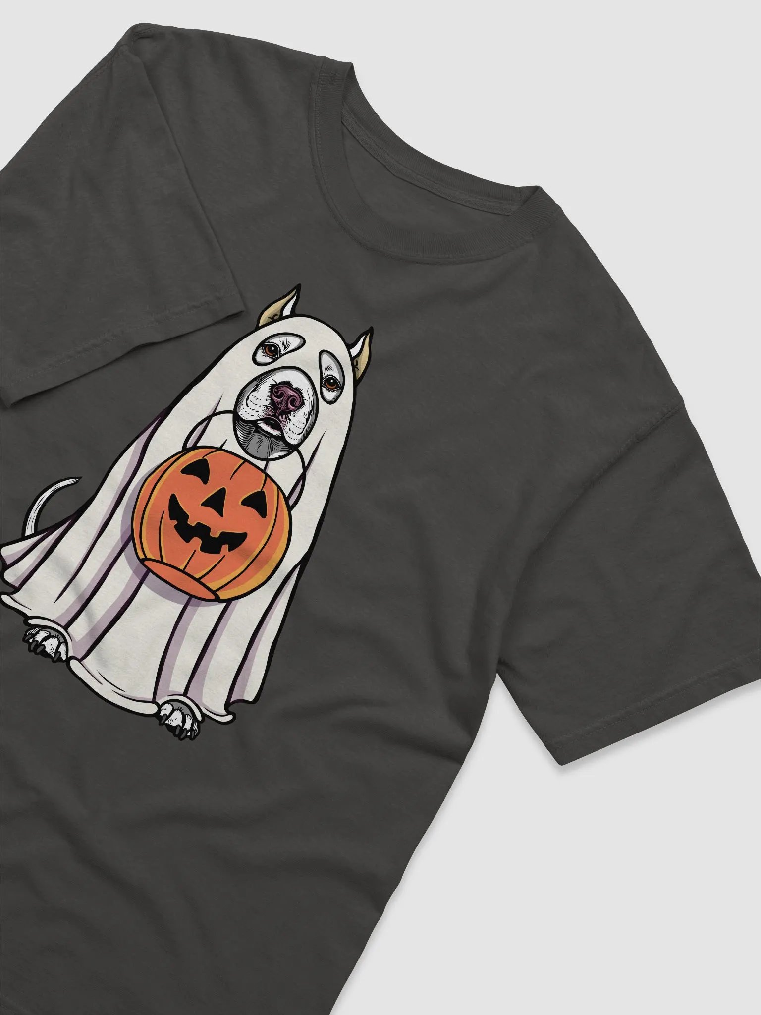 Funny Halloween Pitbull Terrier(Cropped Ears) T-Shirt | Funny Pittie Wearing a Ghost Costume and Holding a Pumpkin Basket product image (6)