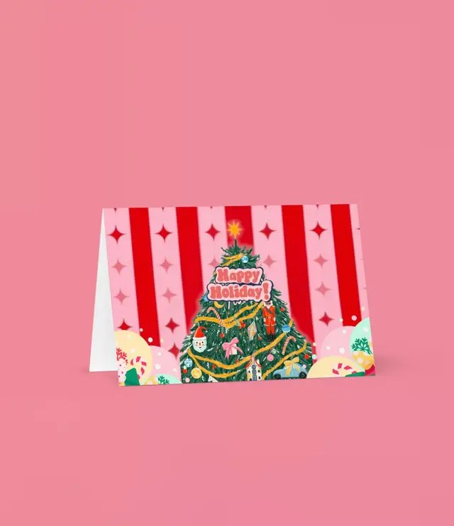 SEND WARM HOLIDAY WISHES WITH OUR VIBRANT GREETING CARD FEATURING A DECORATED CHRISTMAS TREE AND A 'HAPPY HOLIDAY!' SIGN. AVAILABLE IN VARIOUS SIZES, THIS CARDBOARD PAPER CARD WITH TONER-BASED PRINTING COMES WITH A COMPLIMENTARY ENVELOPE. GUARANTEED DELIVERY BEFORE DEC 24! #merrychristmas #shopping #holiday #worldwide #cardgift 