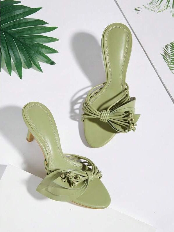 Spring/Summer Elegant Minimalist Pointed Toe Green Floral Decor Stiletto High Heel Sandals product image (1)