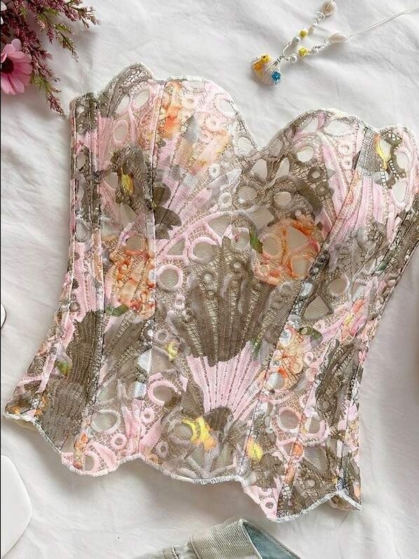ADLEST Sexy Off-The-Shoulder Lace Double-Layer Fitted Corset Bustier Top, Floral Embroidered Hollow Out Romantic Sweet Bodysuit, Suitable For Vacation product image (1)