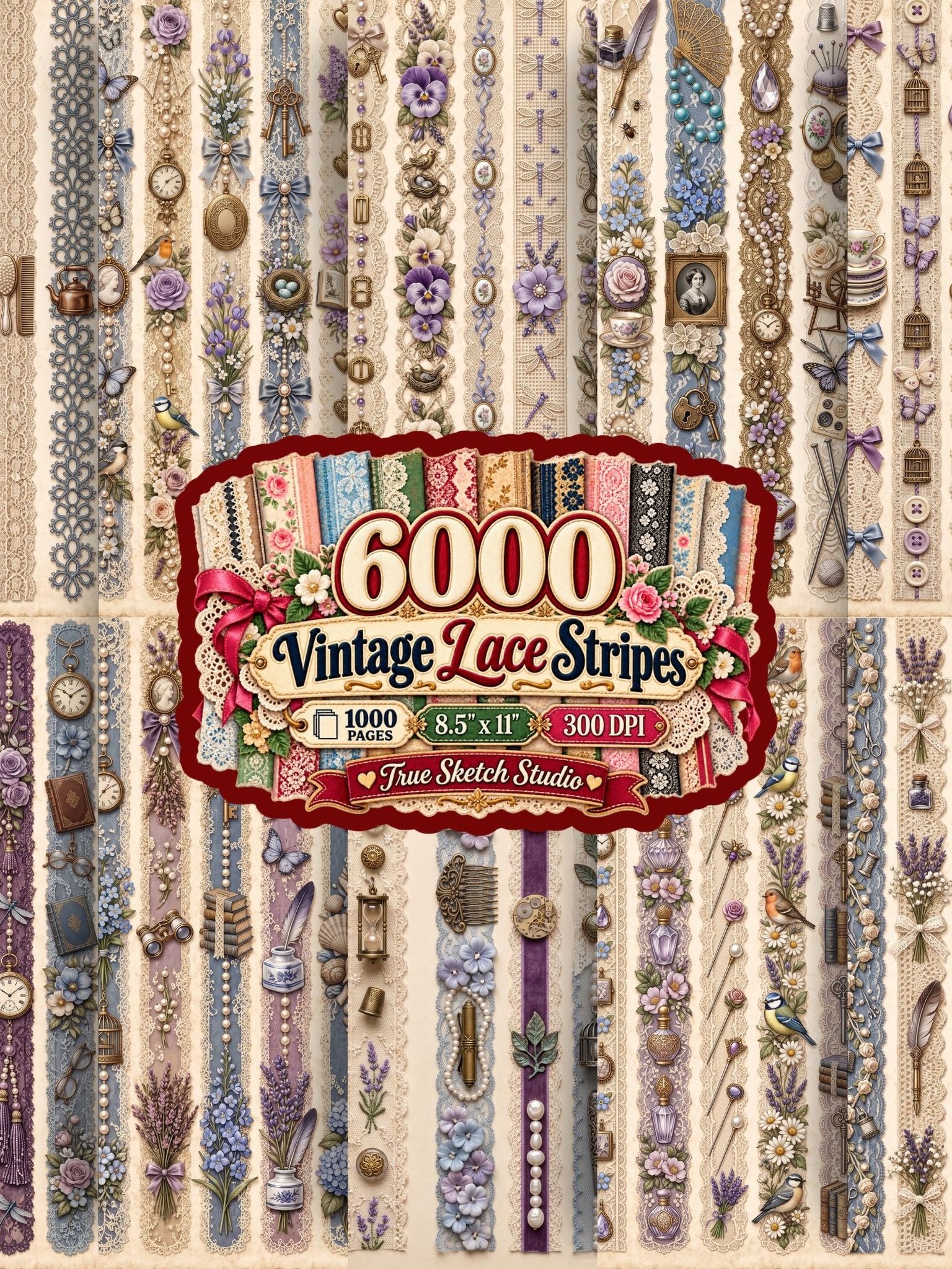 6000 Vintage Lace Strips, Printable Junk Journal Trim, Shabby Chic Ephemera, Rose Scrapbook Borders, 1000 JPG Pages, 8.5x11 Digital Download product image (6)
