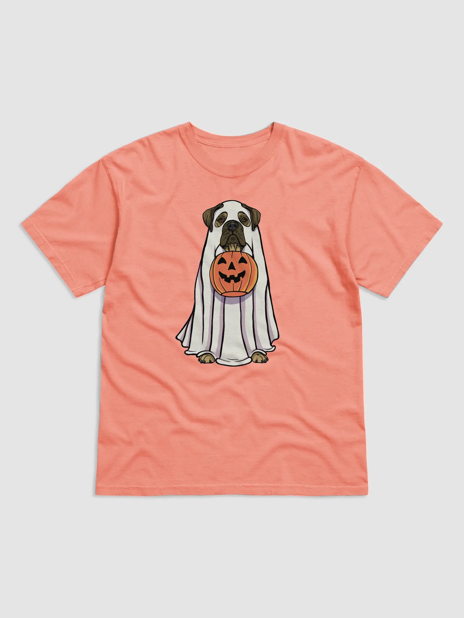 Funny Halloween Bullmastiff T-Shirt | Funny Bullmastiff Wearing a Ghost Costume and Holding a Pumpkin Basket product image (1)