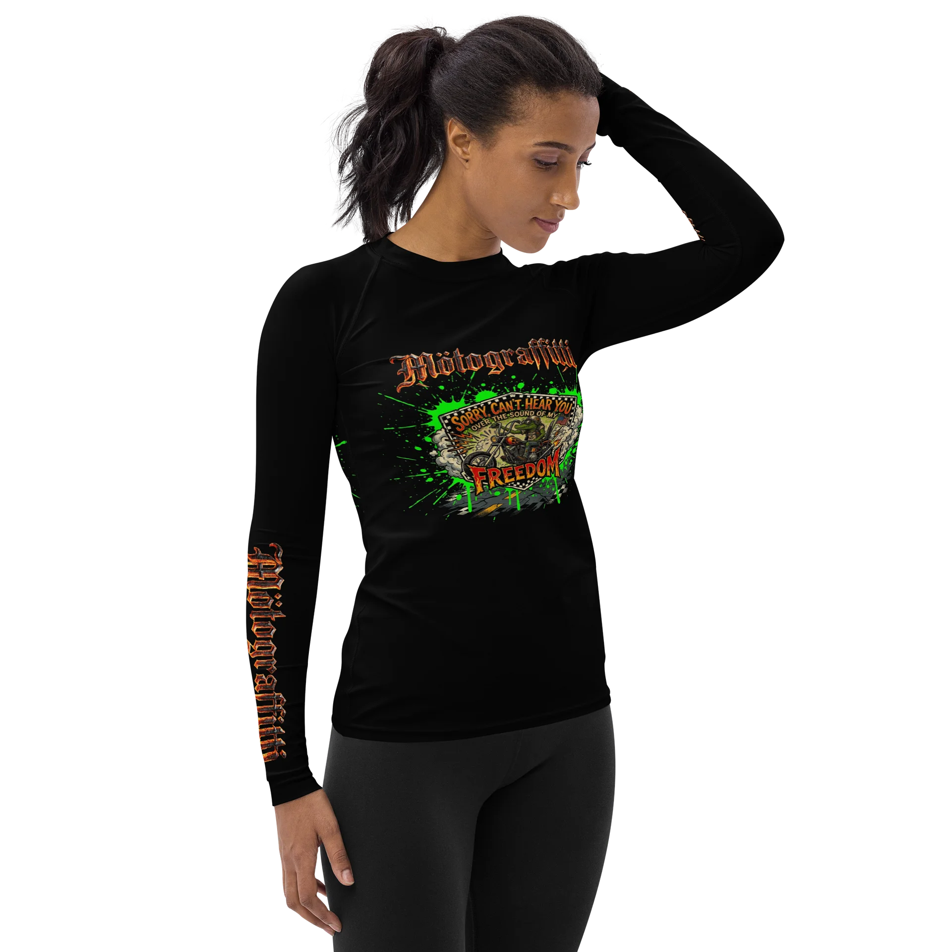 Women's MötoGraffitti "Can't Hear You Over My Freedom" Long Sleeve "Rash Guard"Tee Safety Orange product image (4)