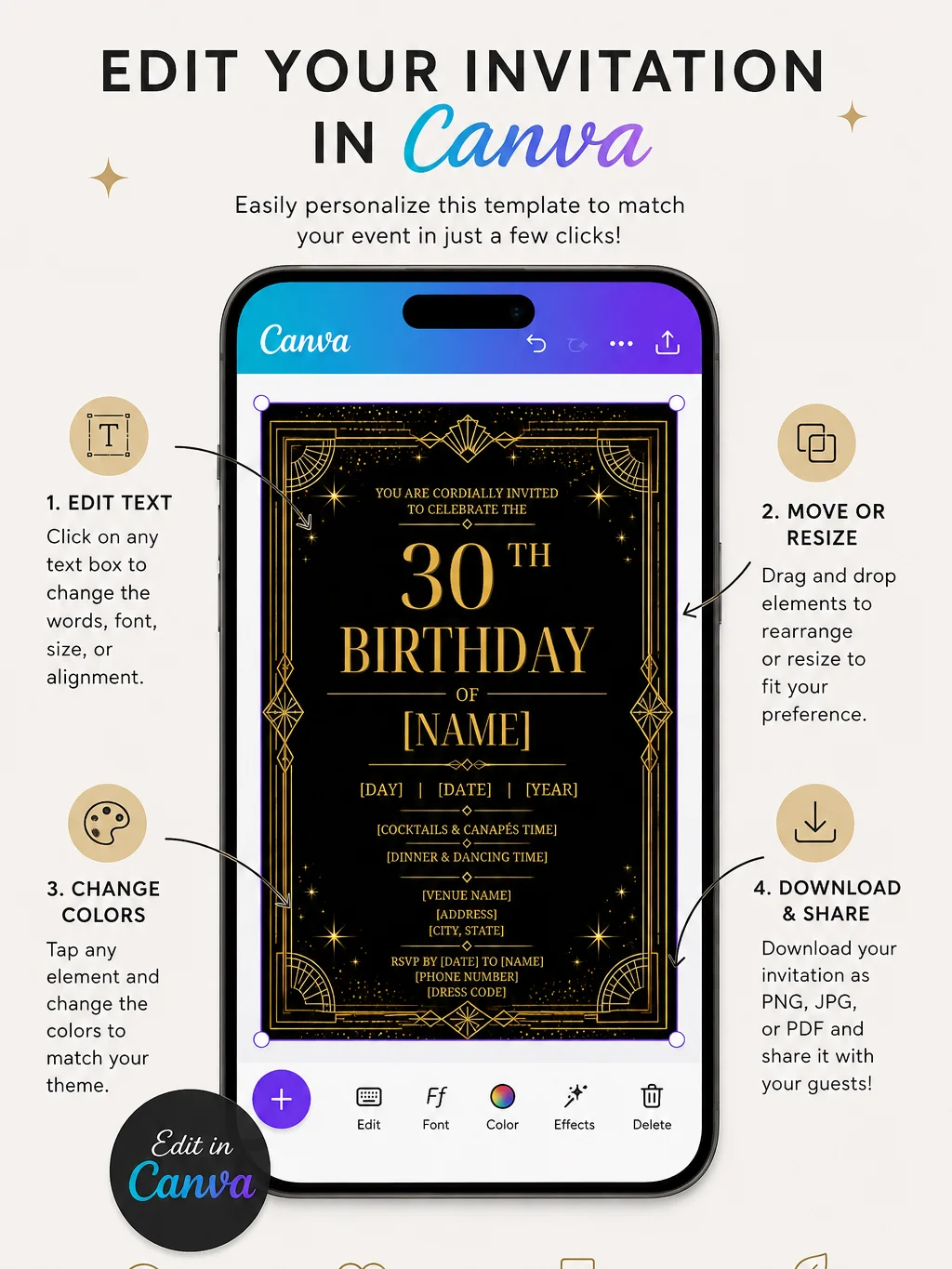 30th Birthday Invitation Template, Editable Gold Milestone Invite, Printable Black Gold Party, Canva Instant Download Digital product image (2)