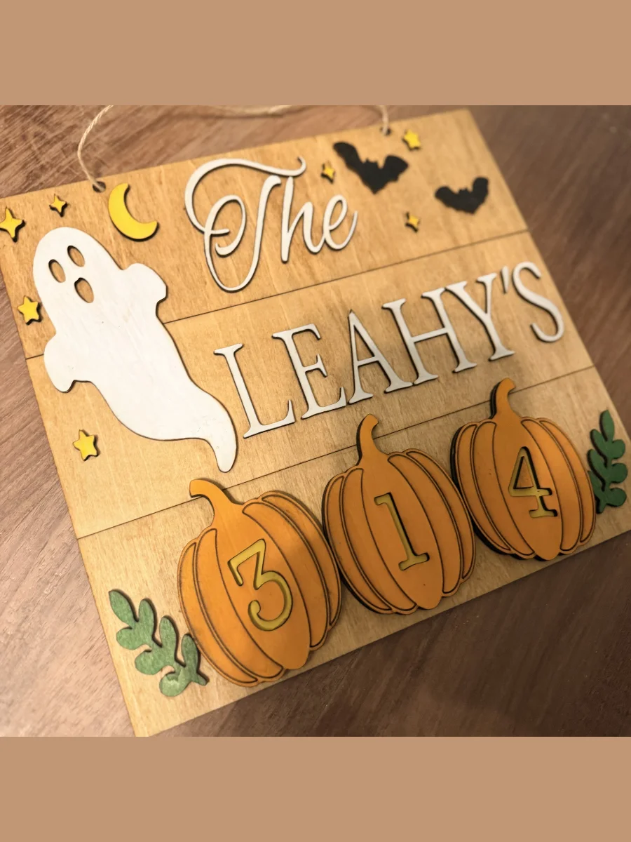 Personalized Halloween Door Hanger | Custom Family Name, House Number Sign | Basswood Pumpkin Decor product image (8)