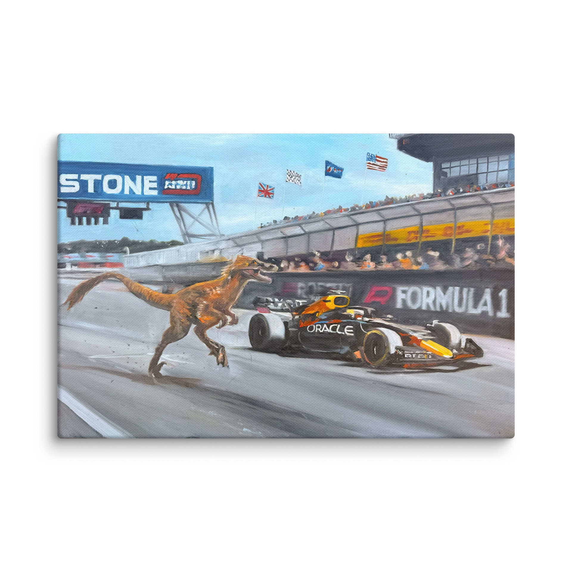 Velociraptor and Formula 1 Race Car Canvas Giclee product image (1)