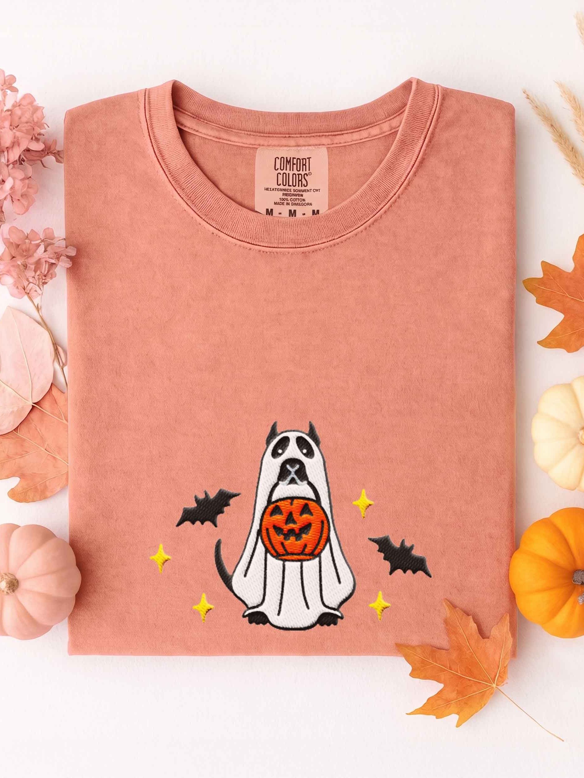 Halloween Pit Bull/ Staffordshire Terrier(Black, Cropped Ears) Embroidered T-Shirt product image (1)