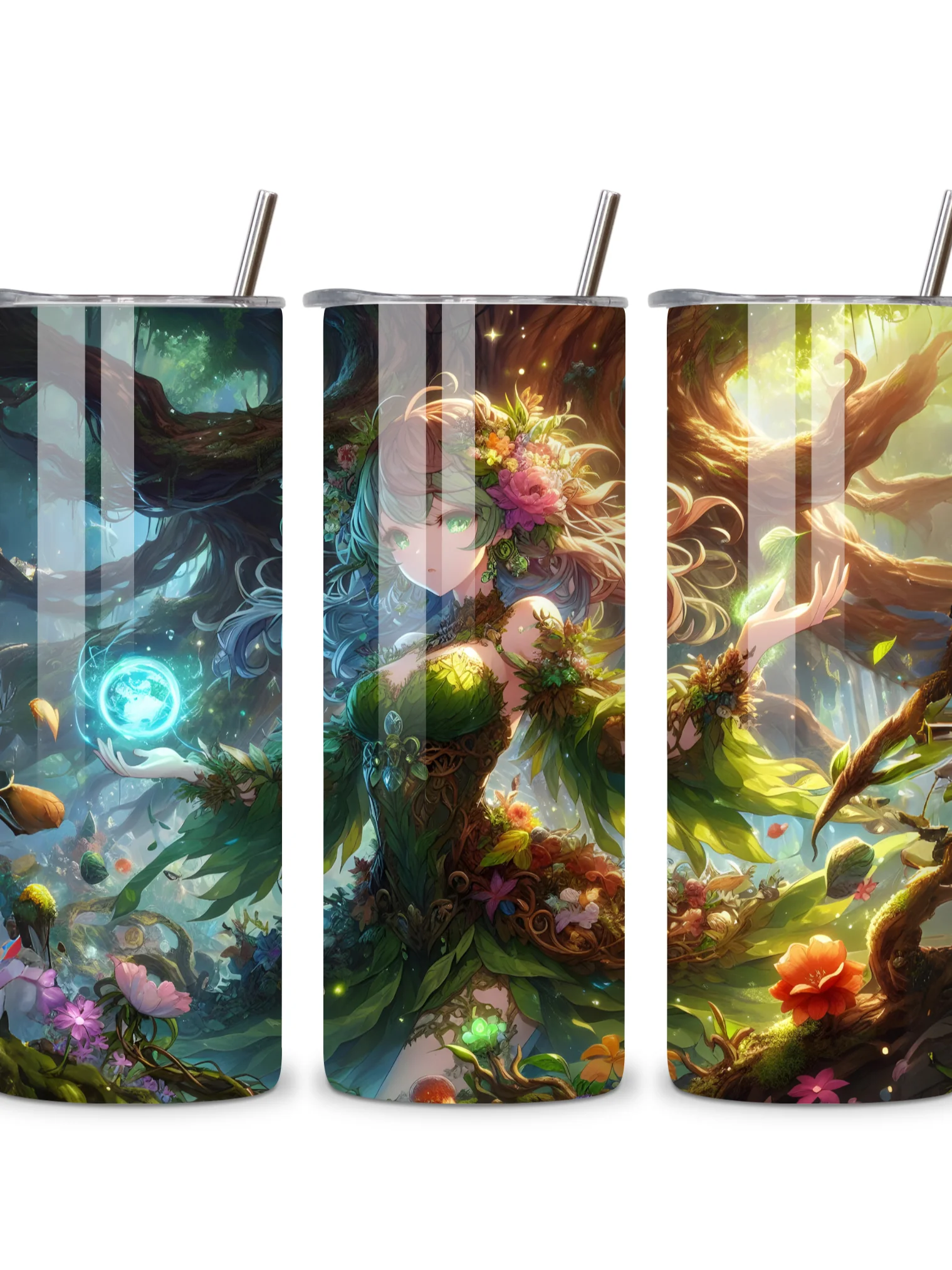 Elemental Anime Girl 20oz Skinny Tumblers with Metal Straws – Fire, Water, Earth, and Wind Designs – Double-Walled Insulated Stainless Steel Tumbler, Gift for Anime Fans and Nature Lovers (Earth) product image (4)