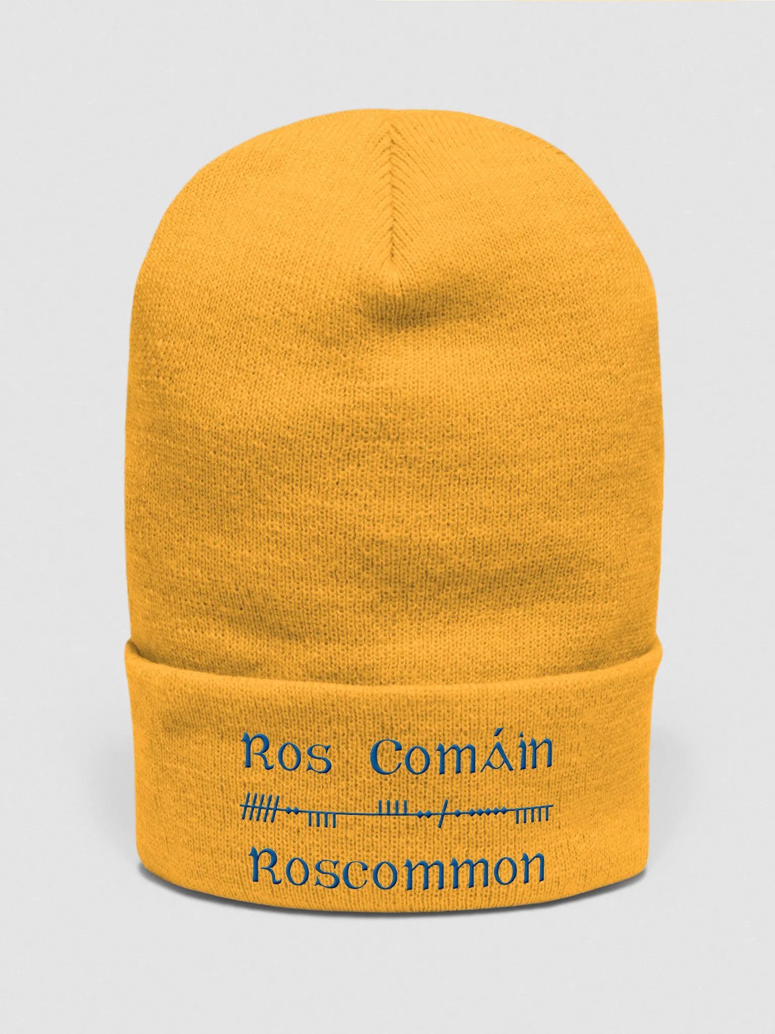 Roscommon/Ros Comáin Scholastic style Ogham, yellow with blue, embroidered Cuffed Beanie product image (1)