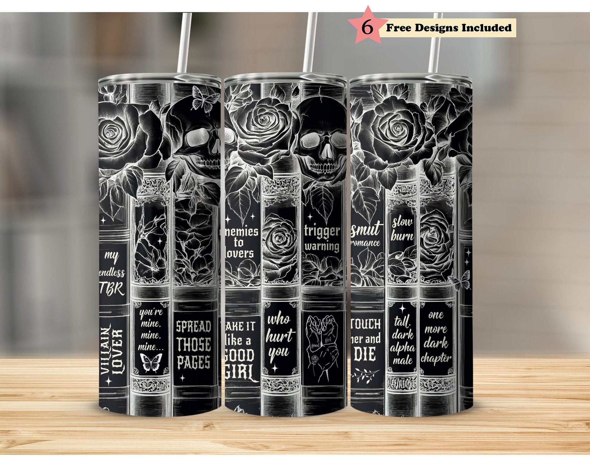 Dark Romance Skull Roses Vintage Black White Book Tropes 20oz Skinny Tumbler PNG, Seamless Full Wrap Sublimation Design, Digital Download product image (1)
