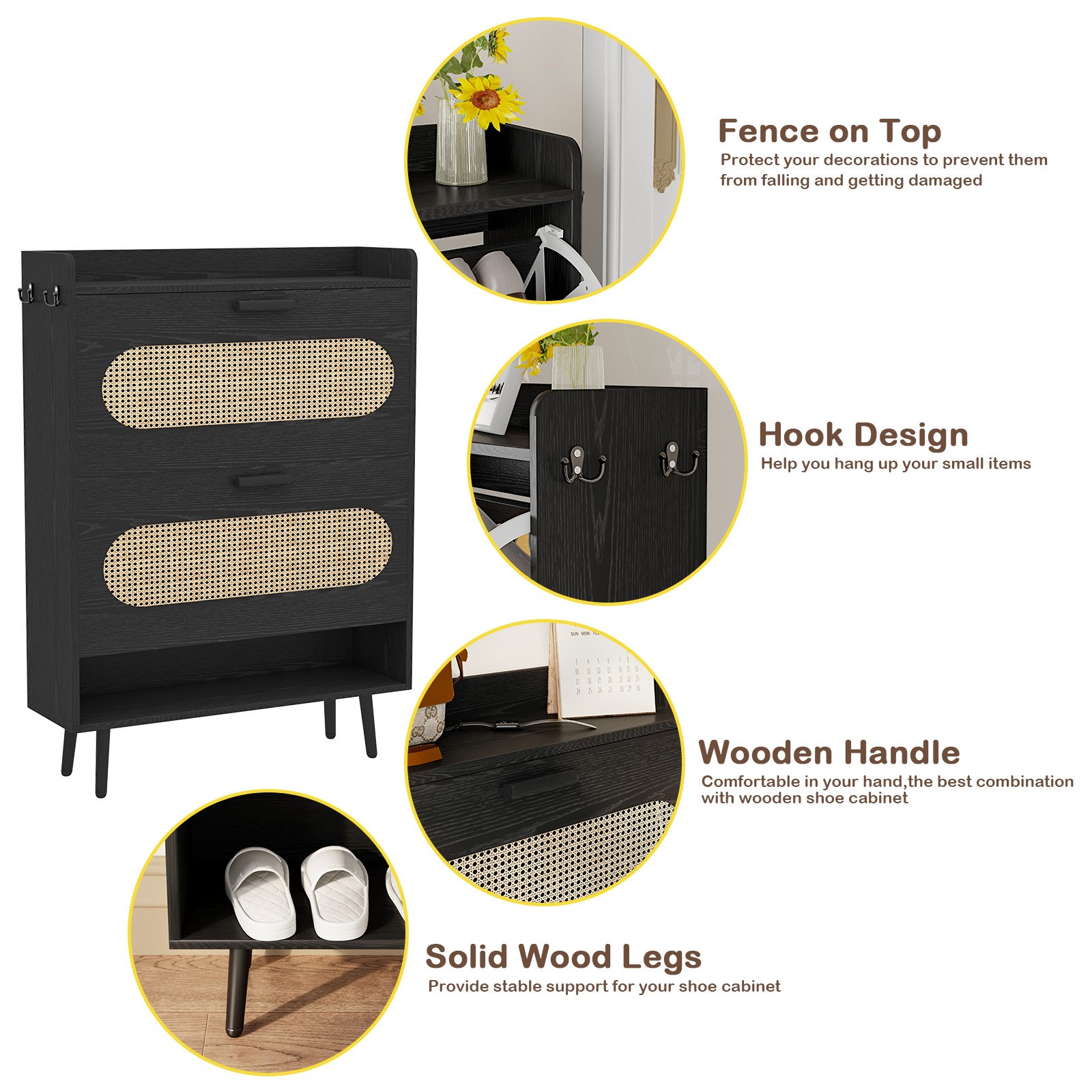 Shoe Cabinet with Natural Rattan Flip Drawers for Entryway Free Standing Slim Shoe Storage Organizer with 2 Flip Drawers Black product image (6)