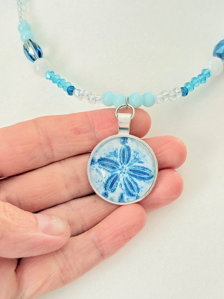 MFD-00042 | Blue Sand Dollar Print | Handmade & Fully Beaded Pendant Necklace | by Monique Faella Designs™ product image (2)