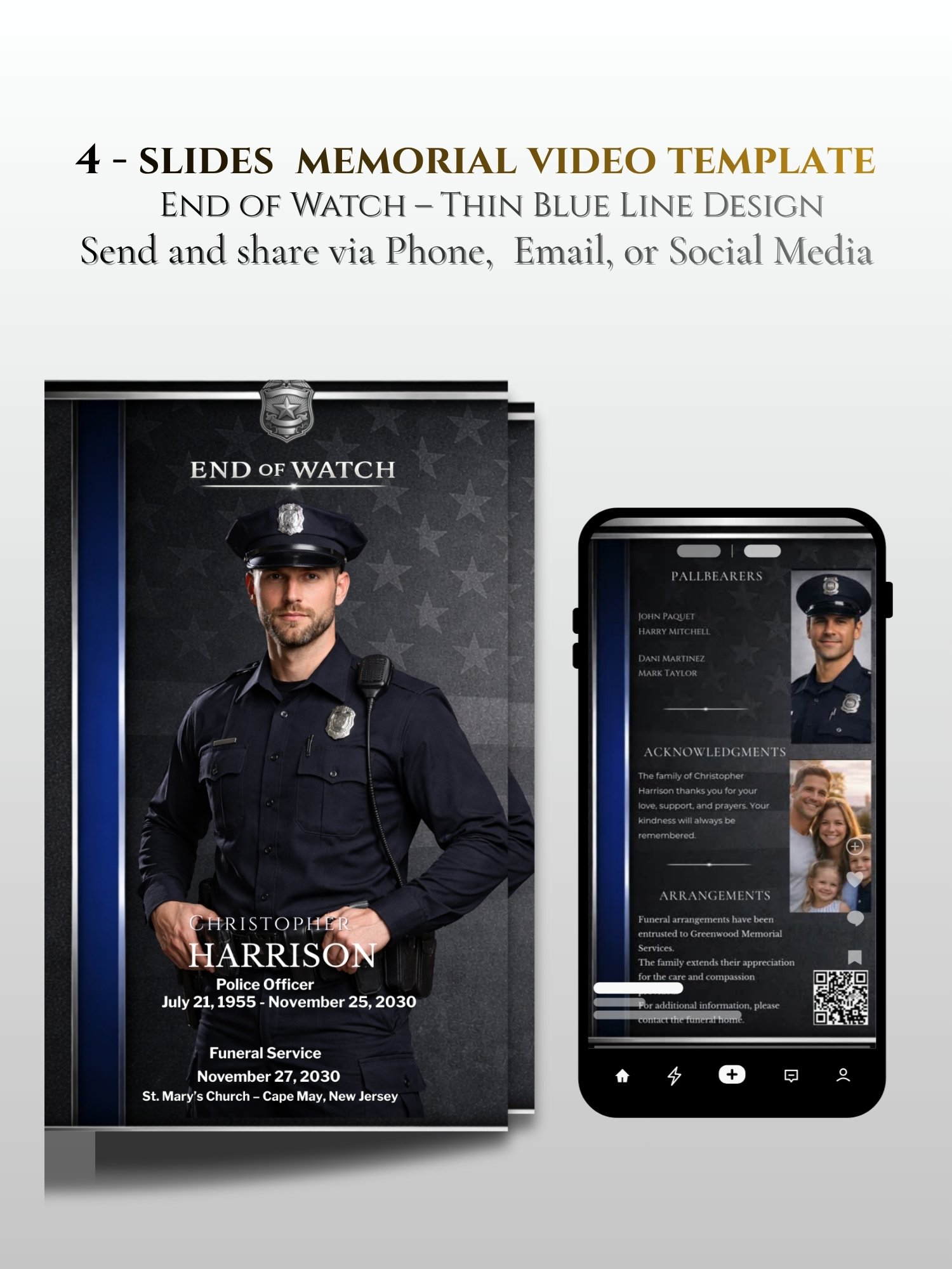 Police Veteran Funeral Program Canva Template with Mobile Version & QR Code (11" & 14" Sizes) product image (9)