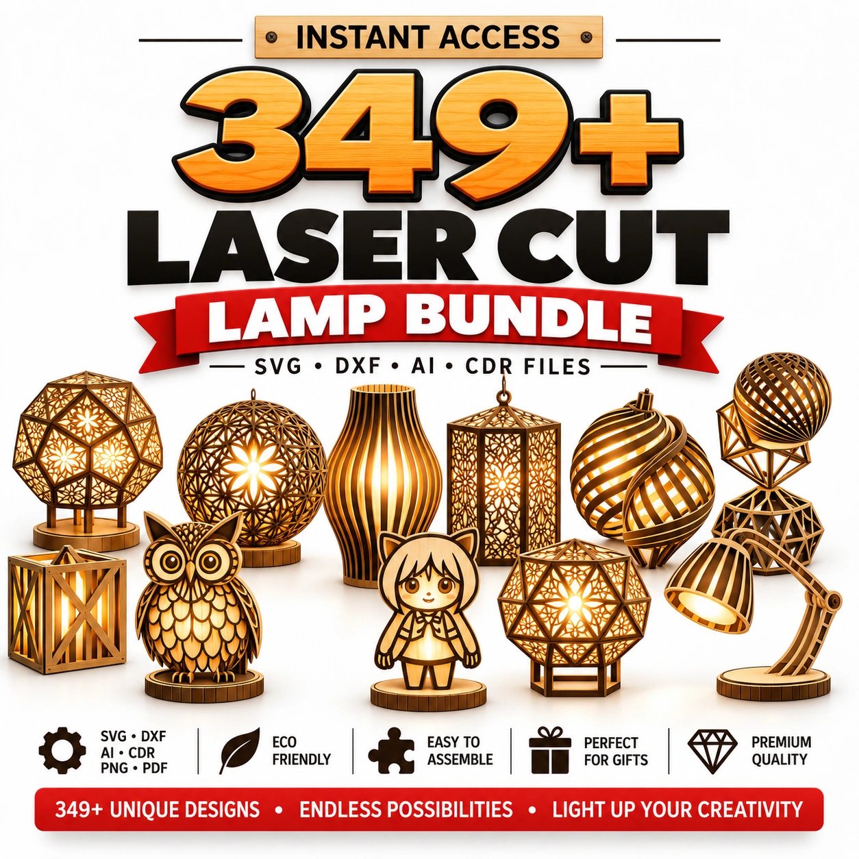 349+ Laser Cut Lamp & Lantern Bundle | Wooden Pendant Light SVG, DXF, CDR & AI Files product image (1)