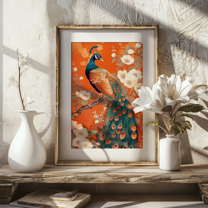 Art Nouveau Peacock on Orange Floral Art Print product image (18)