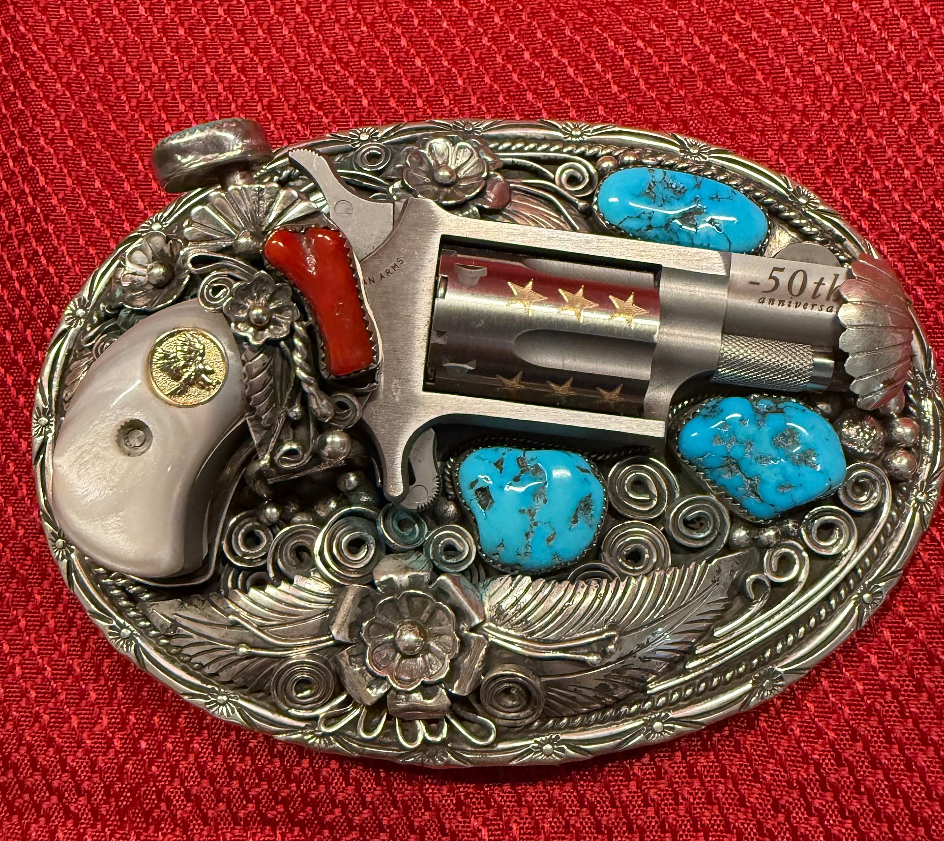 Silver belt buckle with coral and turquoise made to hold the North American Arms .22 derringer product image (1)