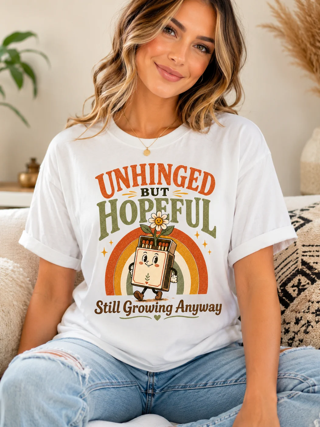 Unhinged But Hopeful Shirt – Funny Mental Health Positivity Graphic Tee, Still Growing Anyway product image (2)