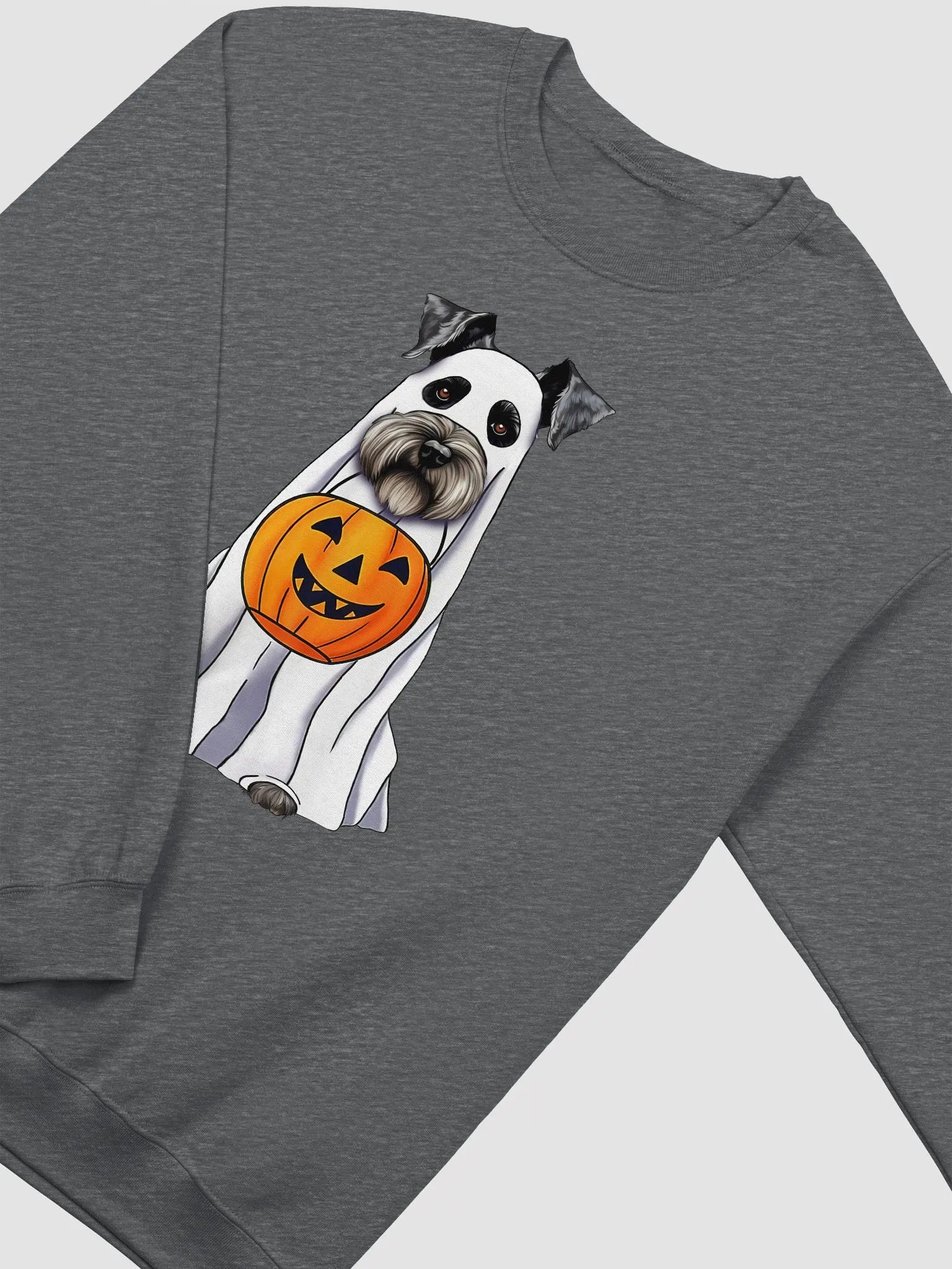 Schnauzer Halloween Sweatshirt | Funny Fall & Halloween Schnauzer Wearing a Ghost Costume with Pumpkin Basket product image (4)