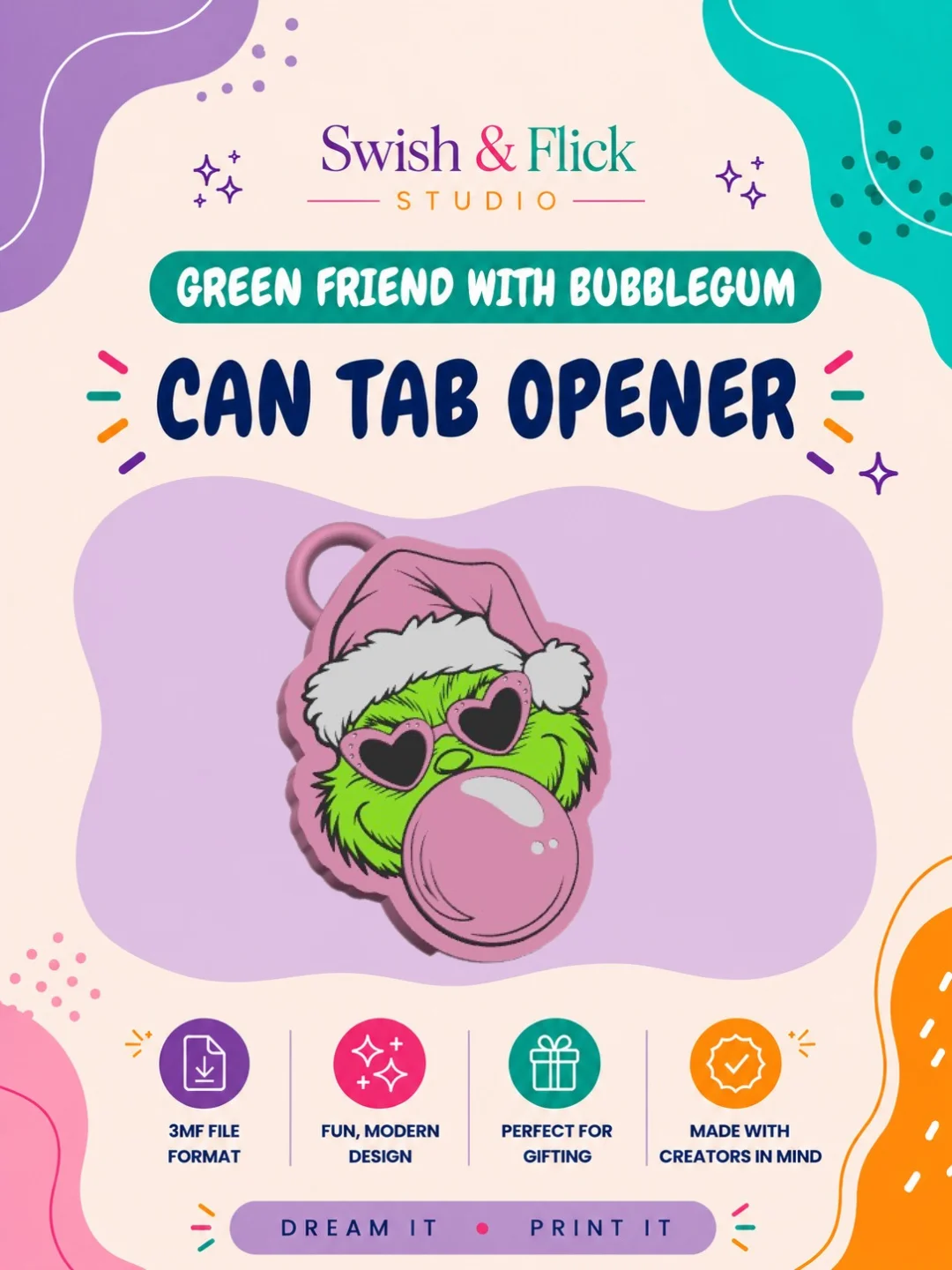 Green Friend with Bubblegum Can Tab Opener STL | Easy Open Can Tool | 3D Print File | Arthritis Friendly Can Opener | Beverage Tab Lifter | Digital Download product image (1)