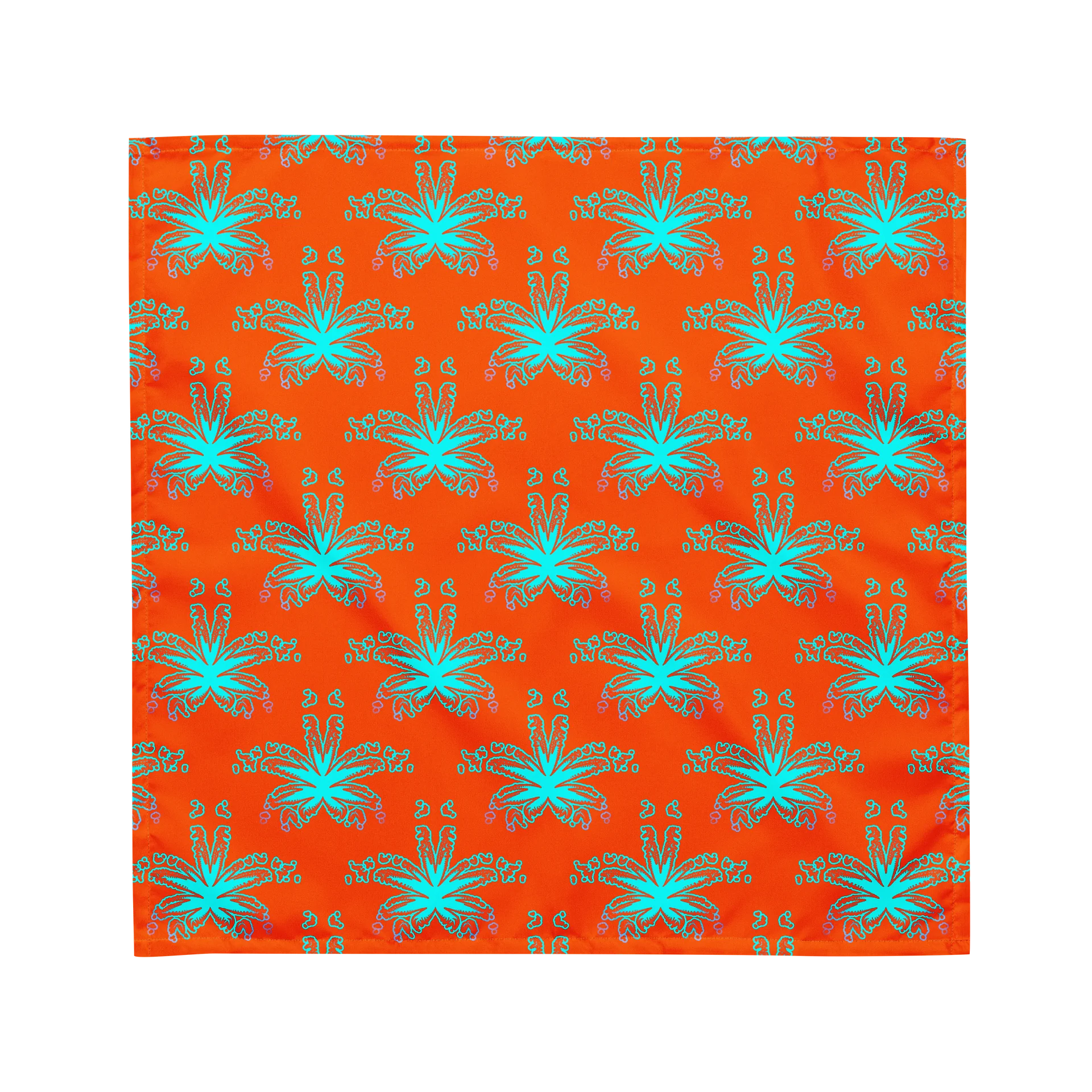 Orange Aqua Blue Budz Cannabis Beach Bandana, Stoner Summertime Style 420 Fashion Accessory, Weird Weed Leaves Pattern, Twisted Pot Leaf Art product image (1)